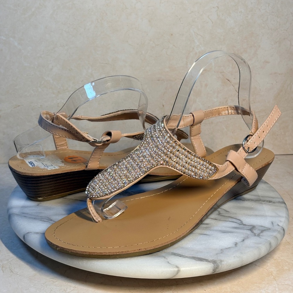 Nicole Maenyon Nude Pink Pearl Rhinestone Wedge Sandals Womens 11M Low Heel
